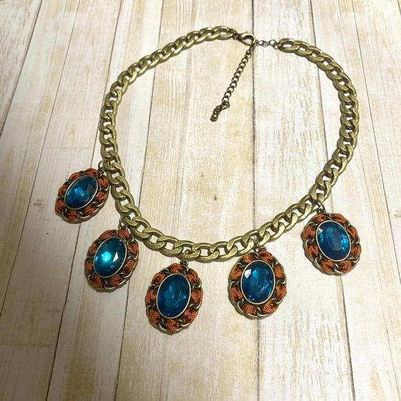 Vintage Chunky Chain Blue Crystal Statement Necklace - Picture 5 of 10